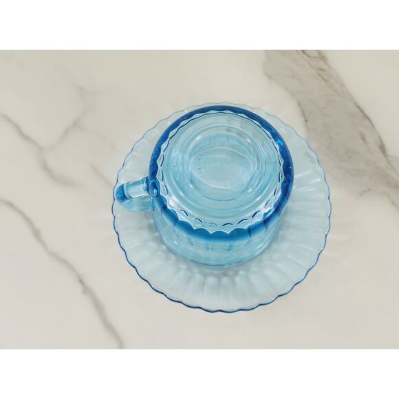 Fortecrisa Azure Ice Blue Glass Tea Cup Saucer 70's Interior Ribbed 5" Mexico x2 - Picture 10 of 13
